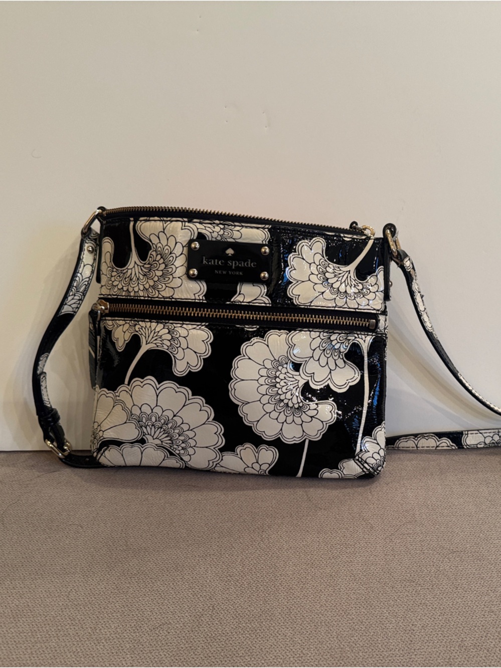 kate spade Black and White Floral Patent Shoulder Bag
